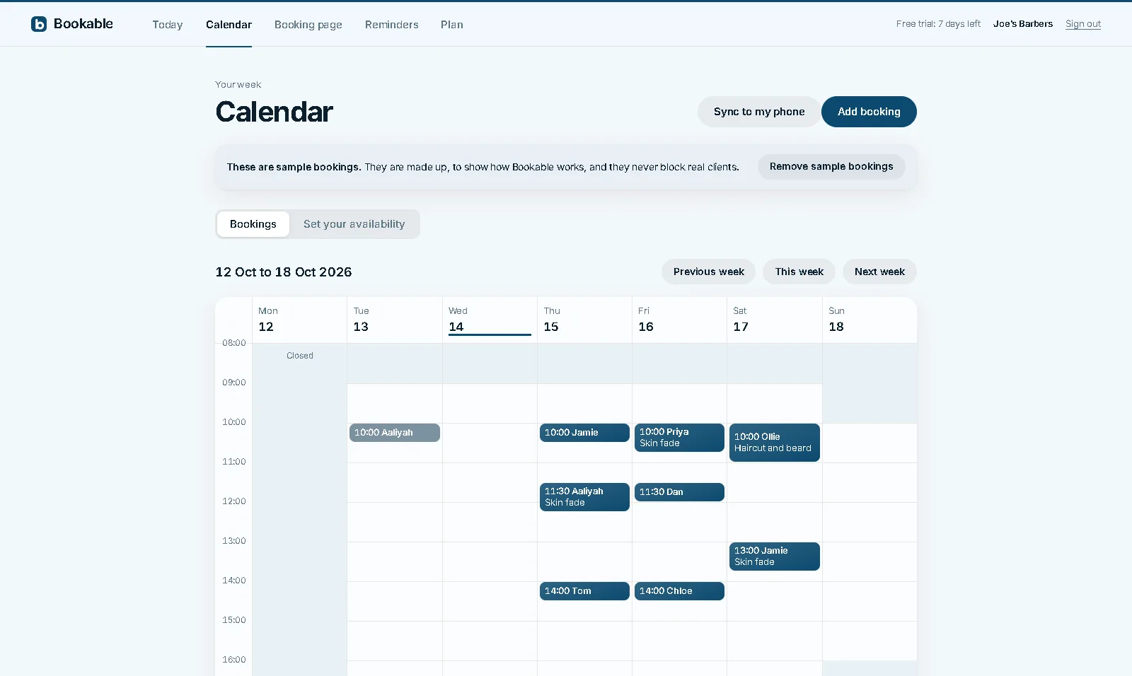 The Bookable calendar week view with bookings in dark red and closed hours shaded