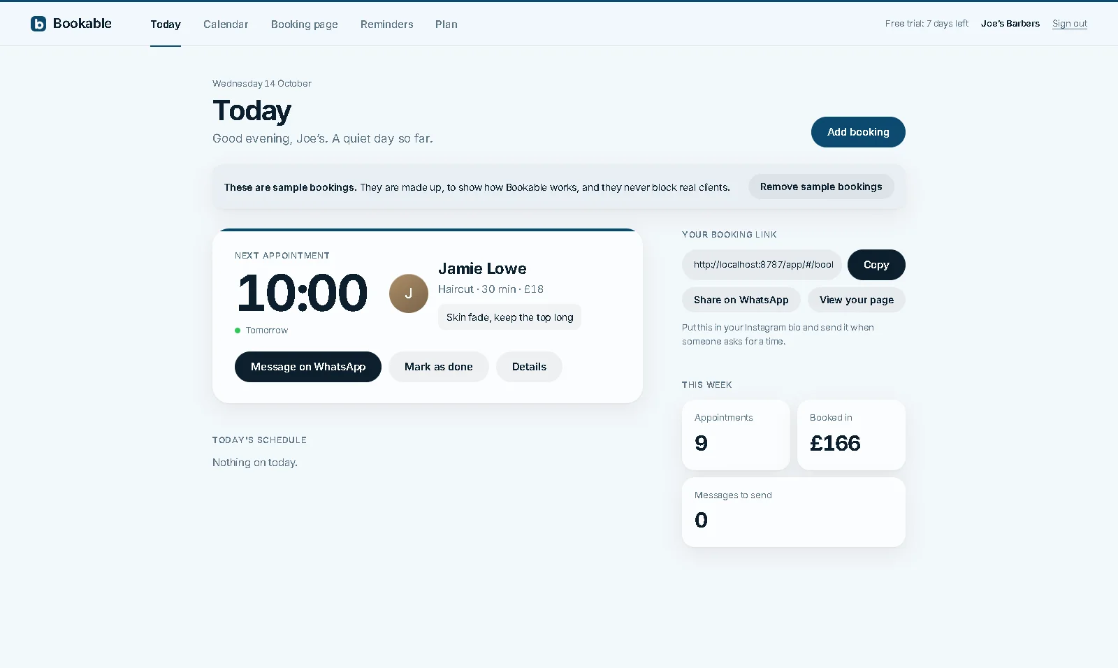 The Bookable Today screen showing the next appointment at 10:00, today’s schedule, the booking link and this week’s totals